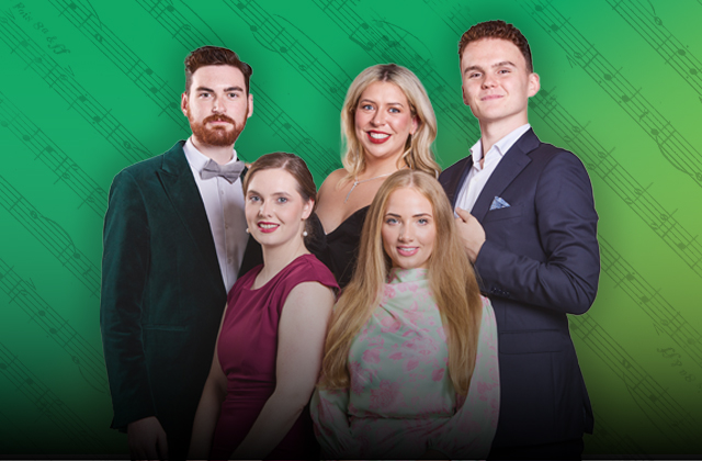 Five well dressed people pose for the camera, with a green background.