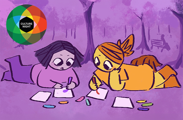 An illustration in purple tones featuring two children lying on their stomachs outdoors, drawing on paper with crayons. The child on the left wears a pink shirt, while the child on the right is in yellow and orange. In the top-left corner, a colorful, segmented circle logo displays the text