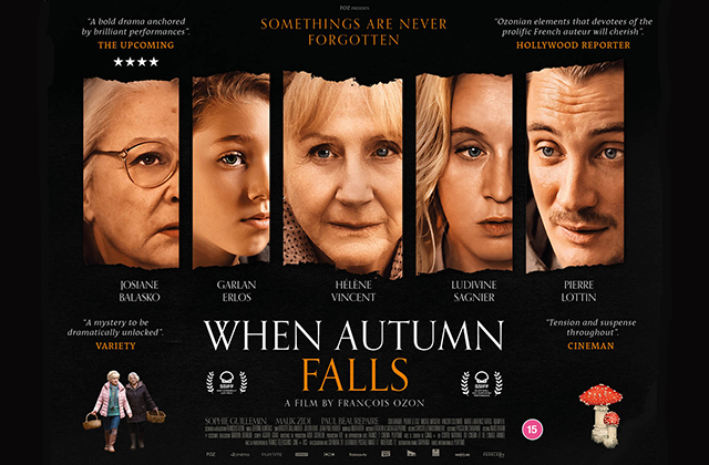 Poster for When Autumn Falls. Slices of portraits of the main characters against a black background